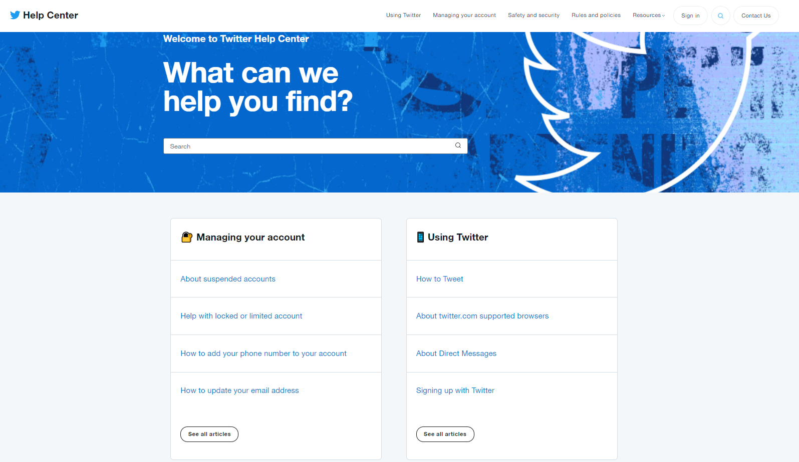 The Twitter Help Center is a very clean and structured FAQ page