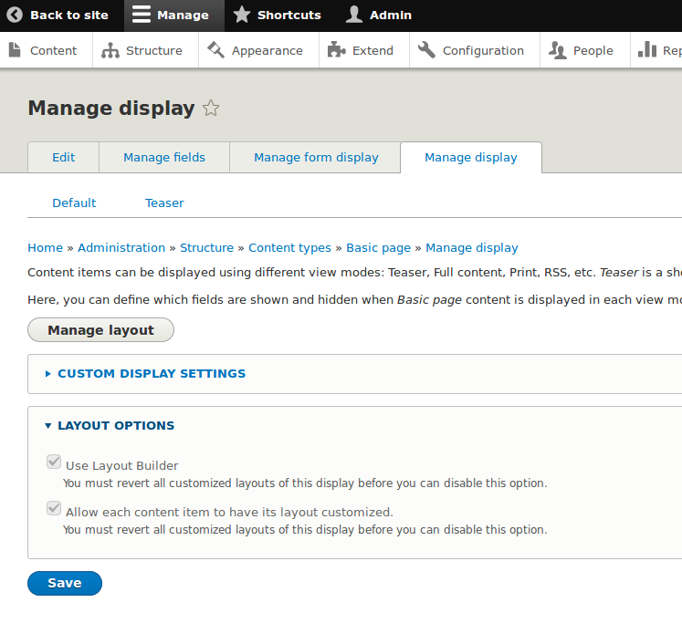 The Manage display tab with a blocked possibility to disable the Layout Builder