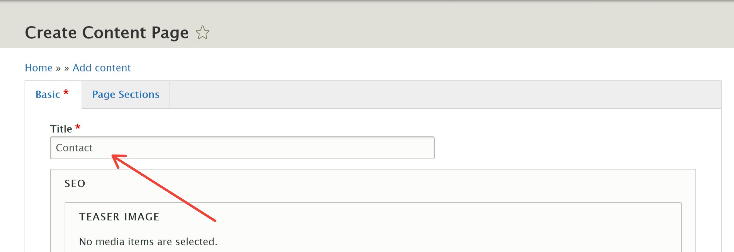Entering a name for a contact page on the Create Content Page tab