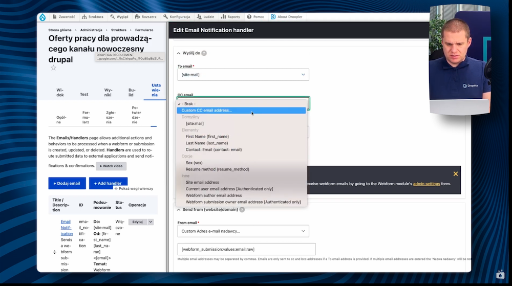 An example of configuring notification settings for a job application form. 