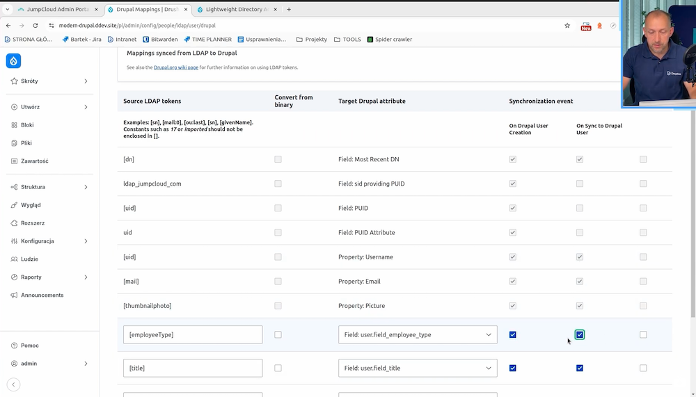  Configuring synchronization events in Drupal using LDAP tokens.