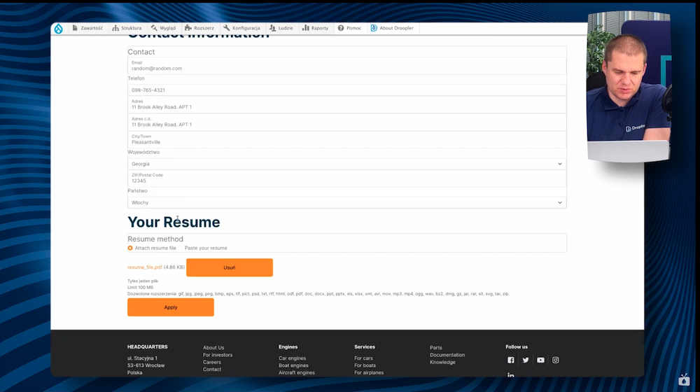 An example of testing a recruitment form using sample automated data. 