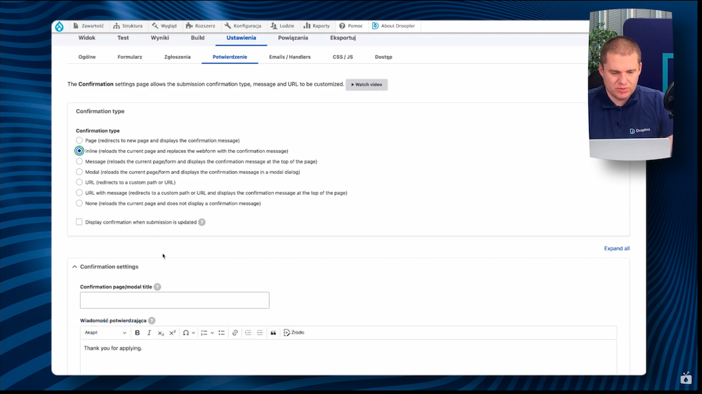 Configuring form submission confirmation in Drupal with a thank you setting.