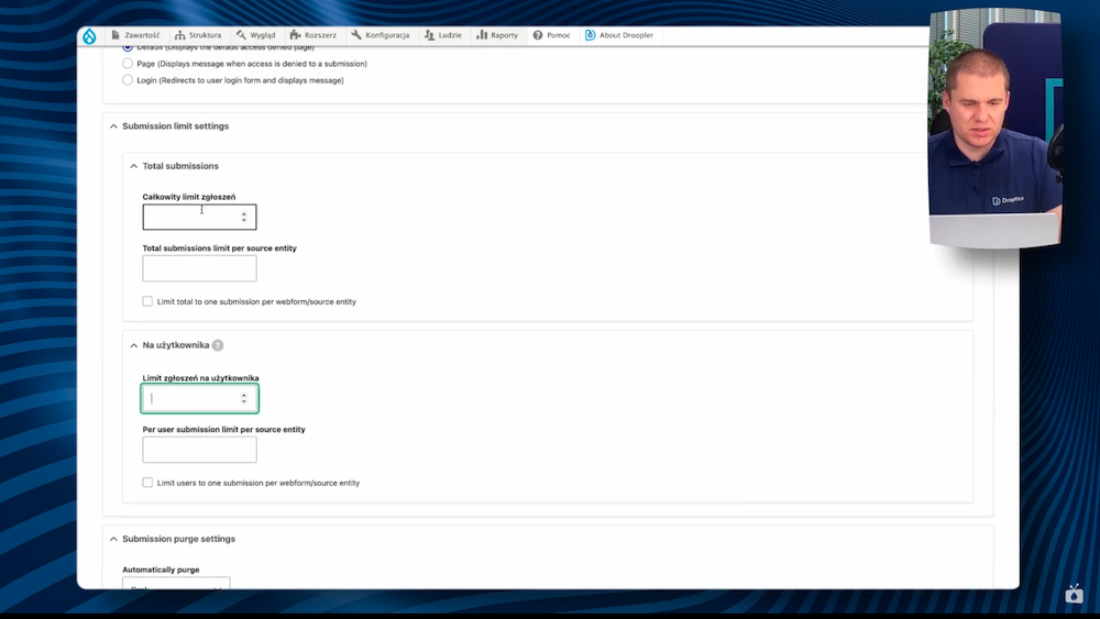 Screen view of the submission limit settings for a form embedded on a web page on Drupal. 