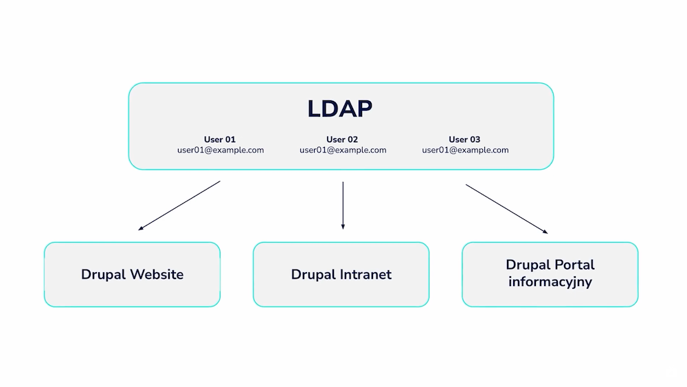 The LDAP connection scheme to a website on Drupal, an intranet system, and a news portal.