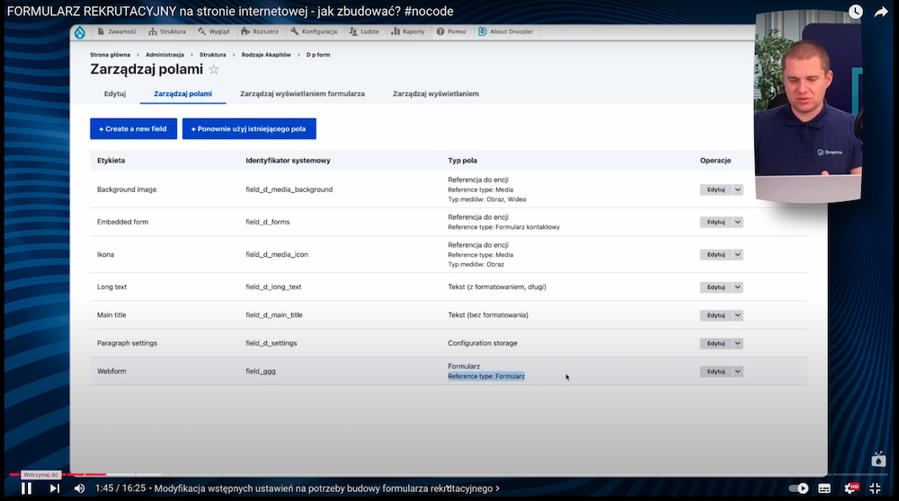 A view of the section for managing fields in Drupal, where the user can add a Webform type field.