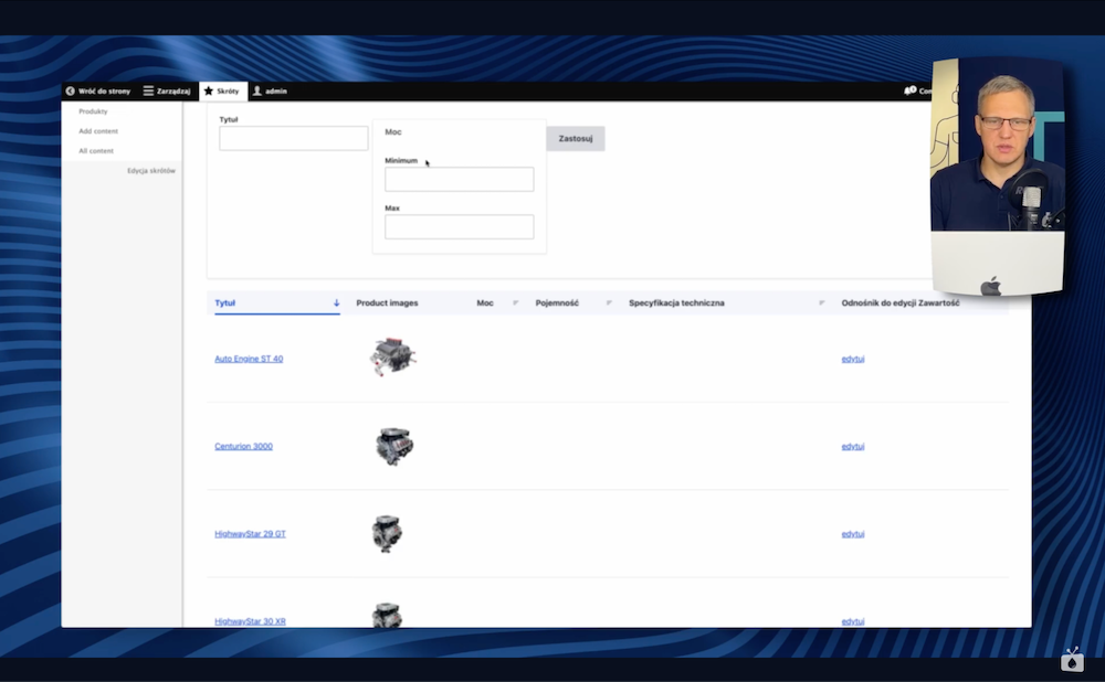 A screenshot presenting the engines on a sample manufacturing company website on Drupal.