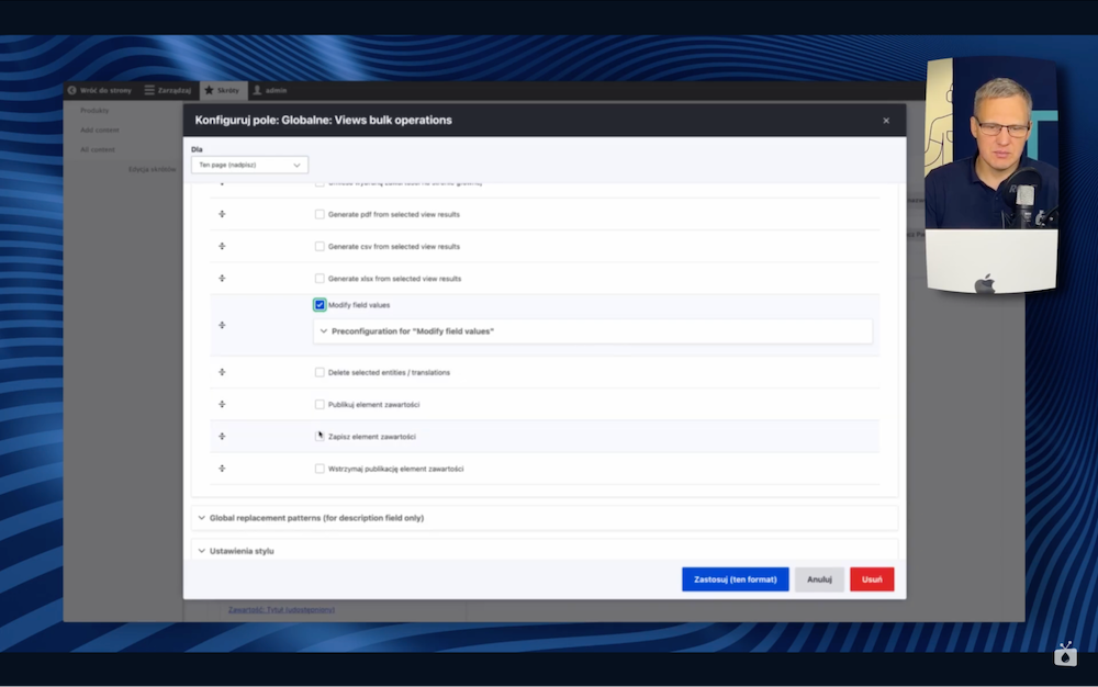 Configuring bulk actions for products on a manufacturing website on Drupal with Views Bulk Operations.