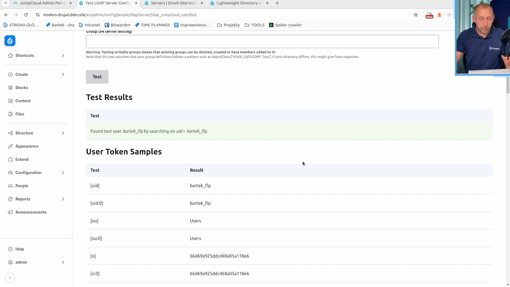 The LDAP server configuration test results in Drupal - a list of tokens in the system.