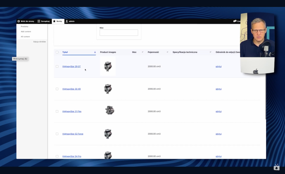 "Highway Star" engine listing on a sample manufacturing company page on Drupal. 