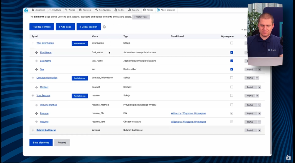 Editing the job application form, during which you can customize fields, such as name, and attachment.