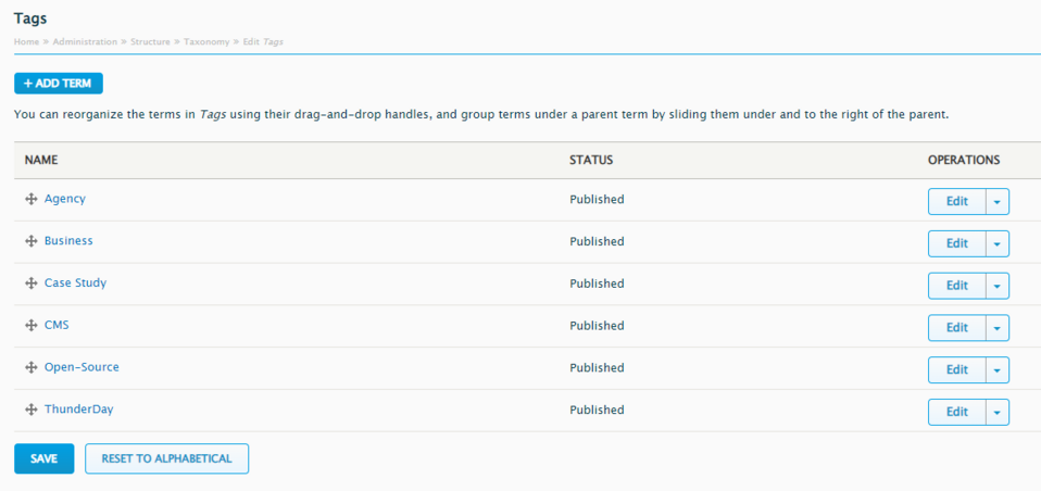 In Thunder CMS we can conveniently group key terms and organize Tags by using drag-and-drop handles. 