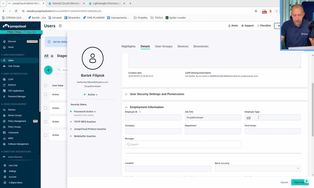 Checking additional fields in the JumpCloud server in the LDAP directory to be mapped in Drupal.