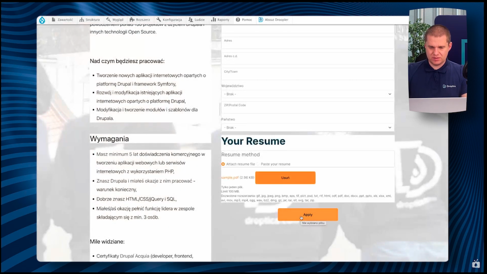 A ready-to-test recruitment form that was embedded on a web page on Drupal. 