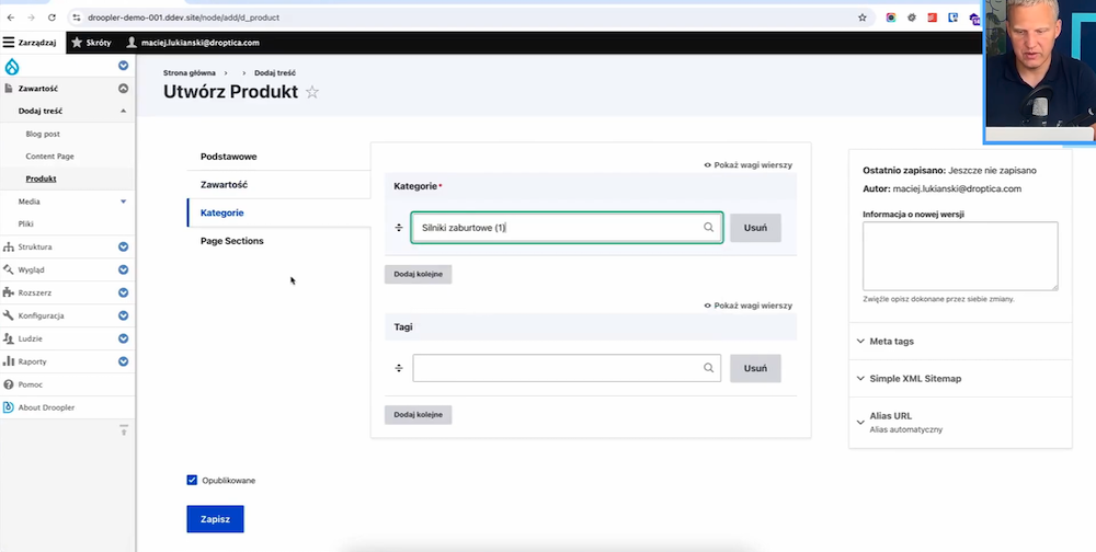 Adding categories and tags to a product card on a page for a company in the manufacturing industry.