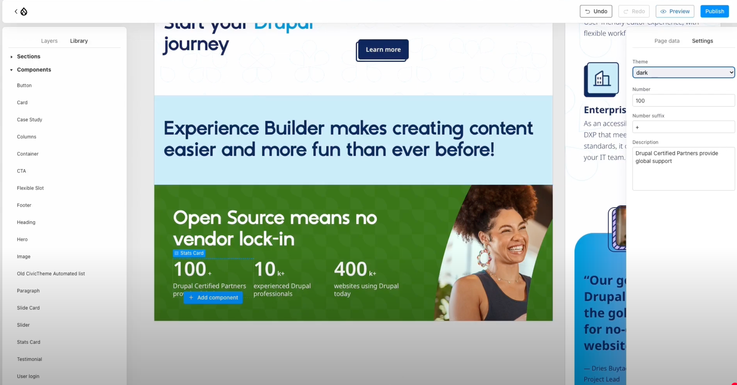 Experience Builder allows for quick editing of components without coding in Drupal CMS