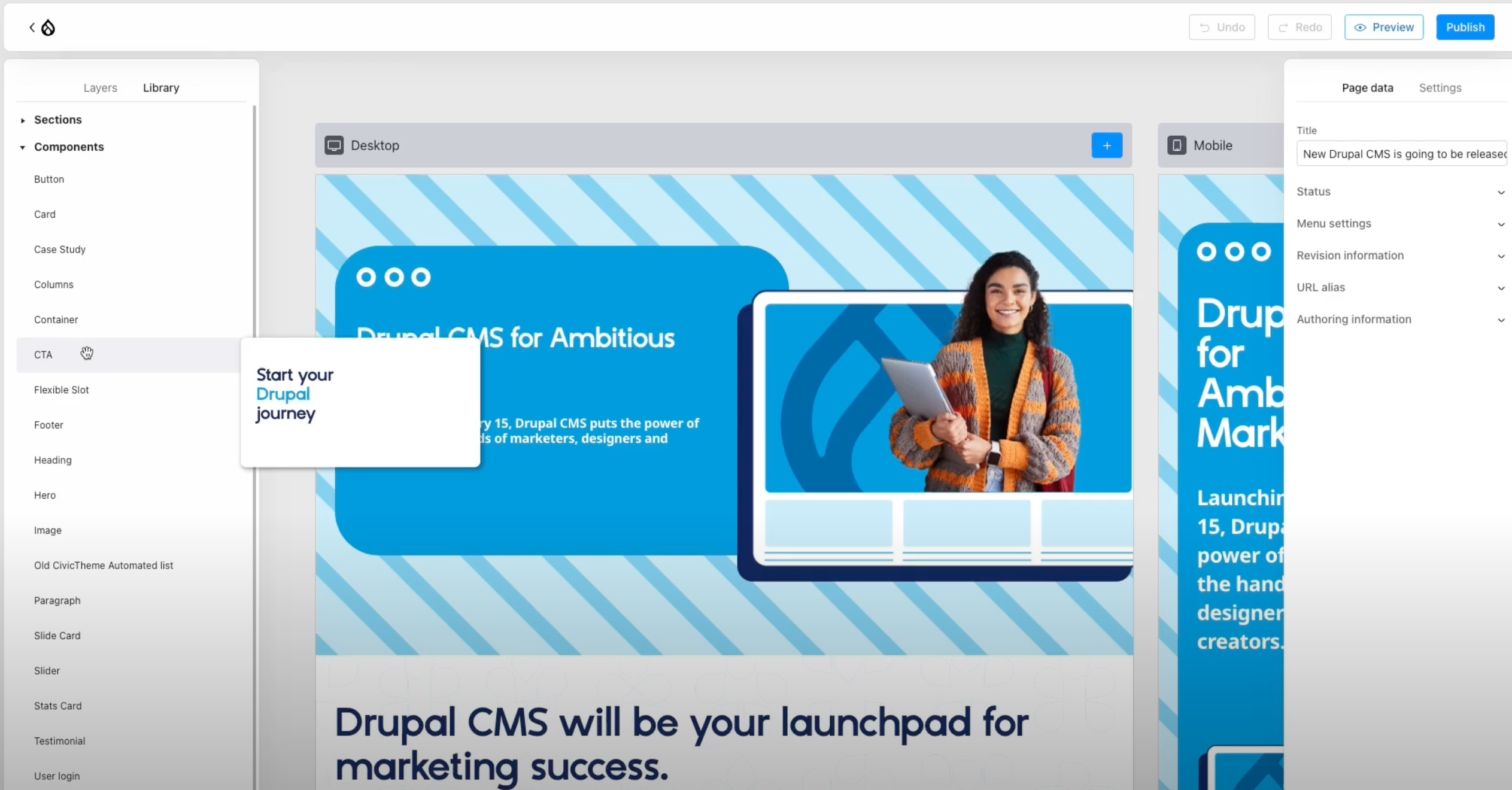 Experience Builder module in Drupal CMS allows for dragging and dropping components to the page