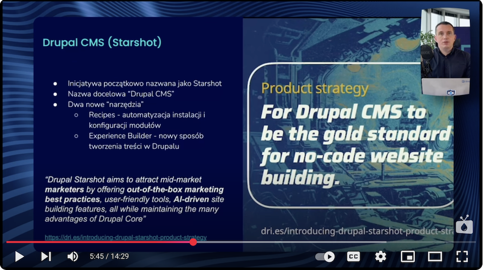 Excerpt from a presentation about Drupal CMS and the Drupal Starshot initiative, including functionality.