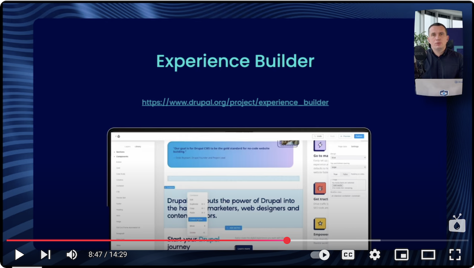 A display showing the Experience Builder in Drupal CMS in an episode of “Nowoczesny Drupal” series.