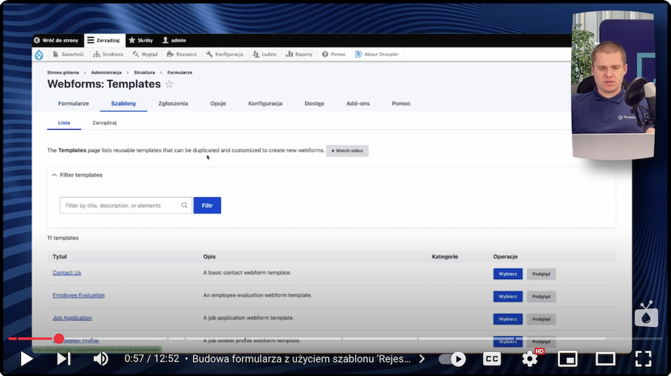 Template selection in the Webform module in Drupal for building a multi-step form with registration.