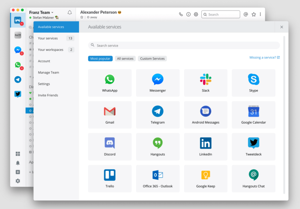 In Franz, a messaging application, you can add your accounts from different chatting tools