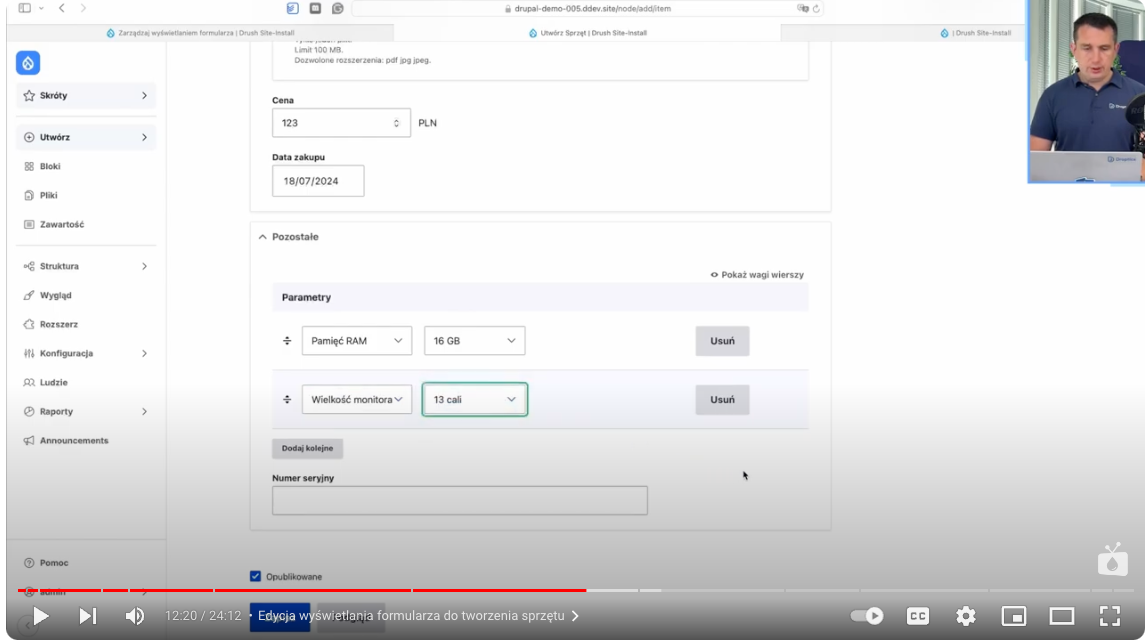 Example of a parameter view in a form for creating equipment records in Drupal.