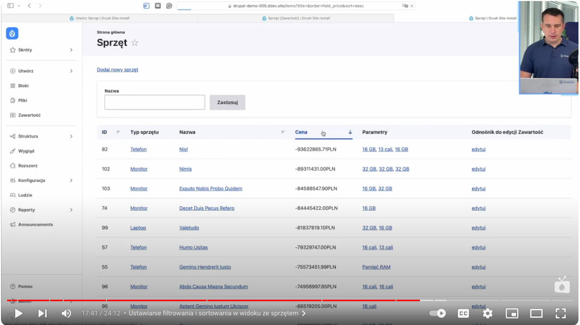 Viewing of the equipment inventory with the option to sort elements in the table.