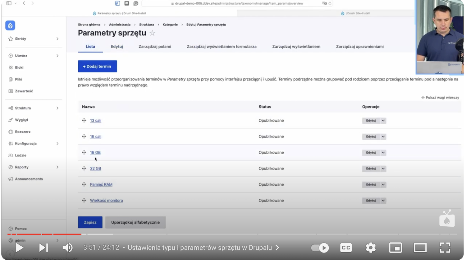 A view of hardware parameters in Drupal with information such as monitor size and RAM.