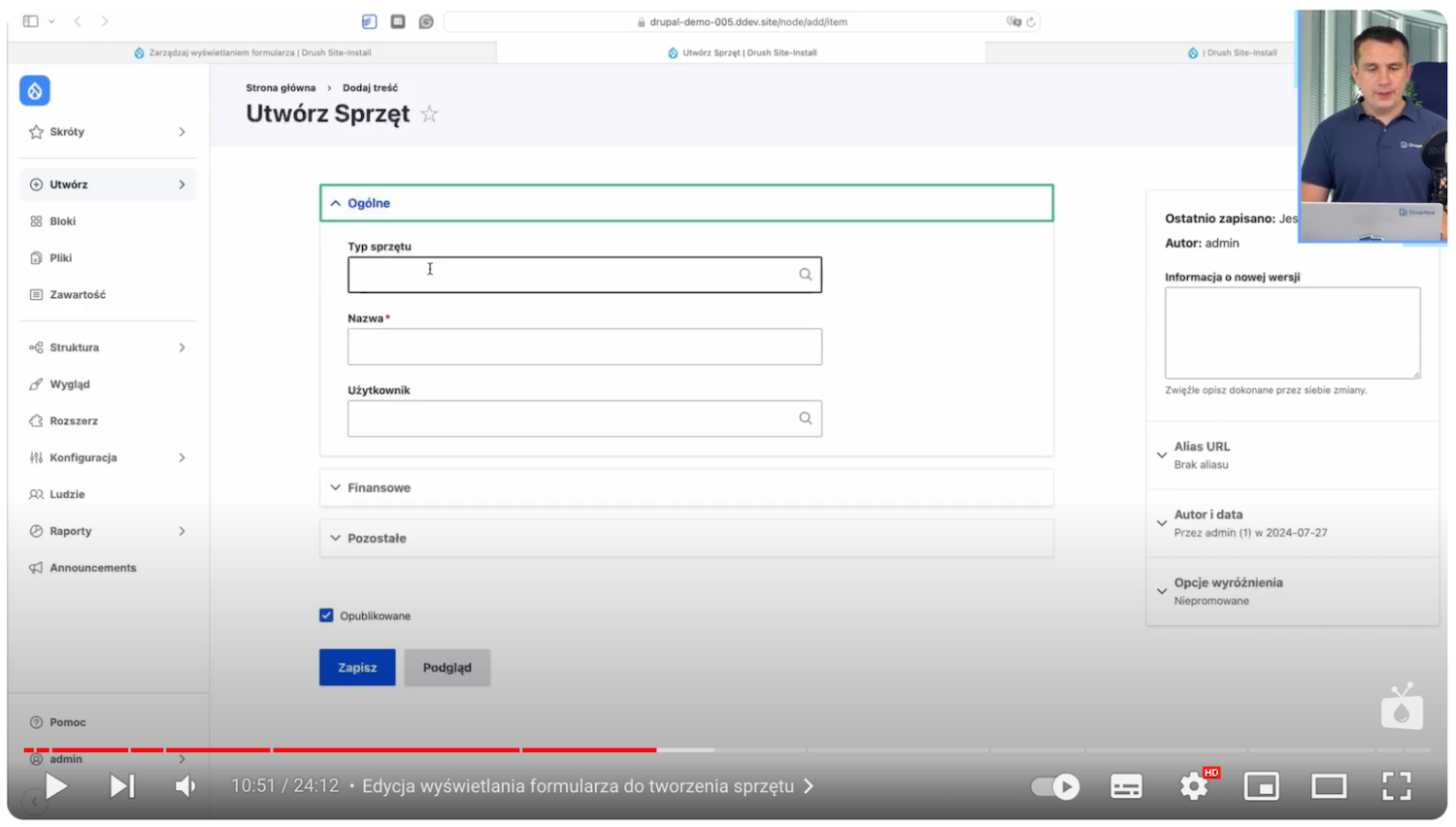 View of the form with grouped categories for the equipment type in the inventory in Drupal.