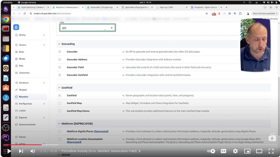 A section in Drupal with a view of the modules needed to create a map with distributors on the site.