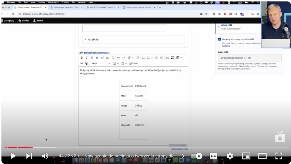 An example of developing product data as a simple table in a text box on the Drupal website.