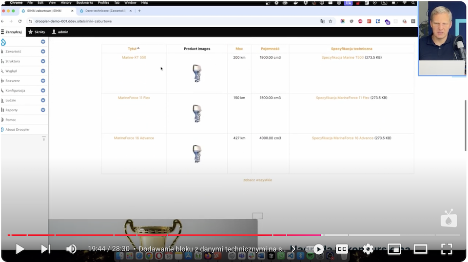 Adding a block of product specifications to a sub-page with outboard motors as an example.