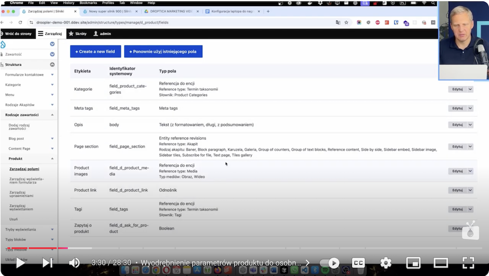 Managing the content structure in Drupal and adding a new field with product data.