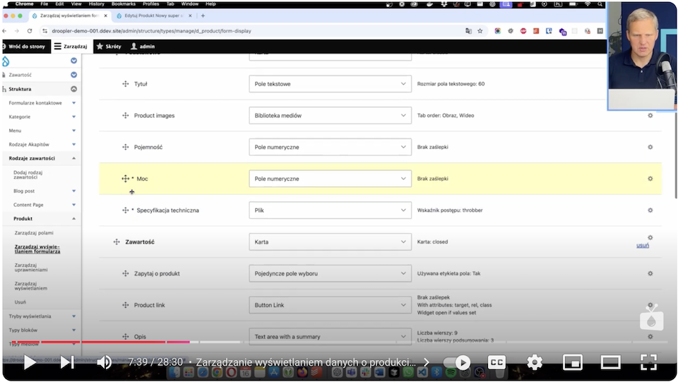 Composing the order of fields in a Drupal product management form.  4. Configure the display of product data on the page