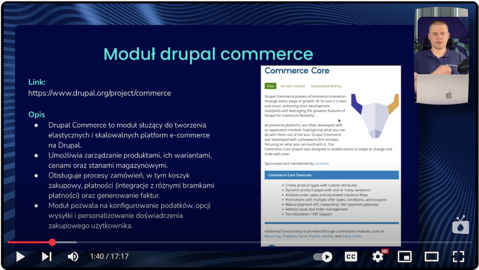 A presentation describing the Drupal Commerce module for creating an online course store.