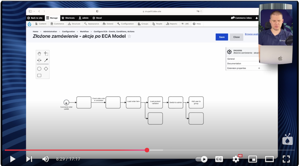 Screenshot of setting up an action flow when buying an online course in a Drupal store. 