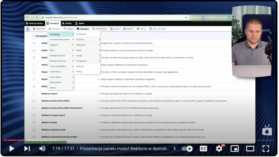 View of the "Forms" tab added to the Drupal admin panel when the Webform module is enabled.