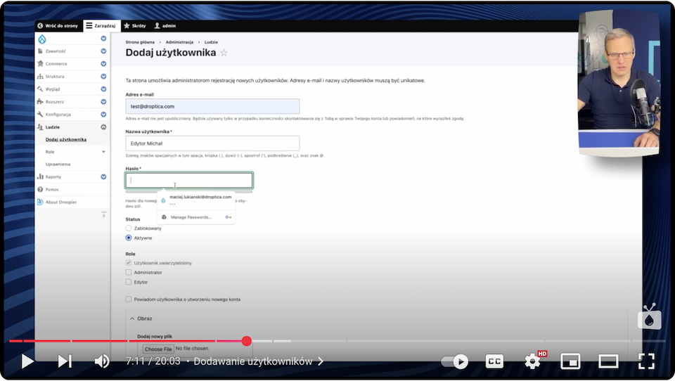 Setting the password in the Add New User form for the sample editor Michał in Drupal.