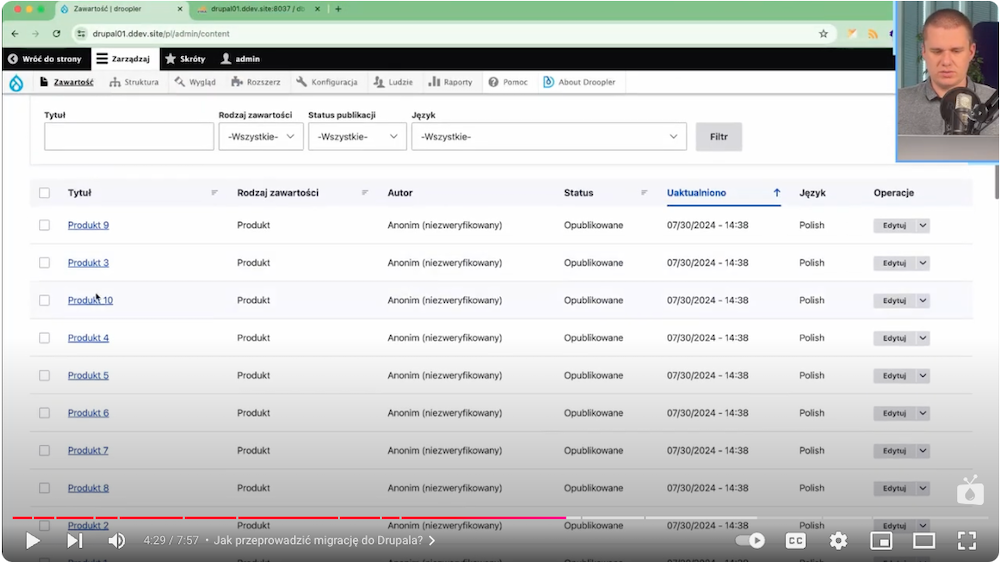 The view of imported products from the database in the Drupal system.