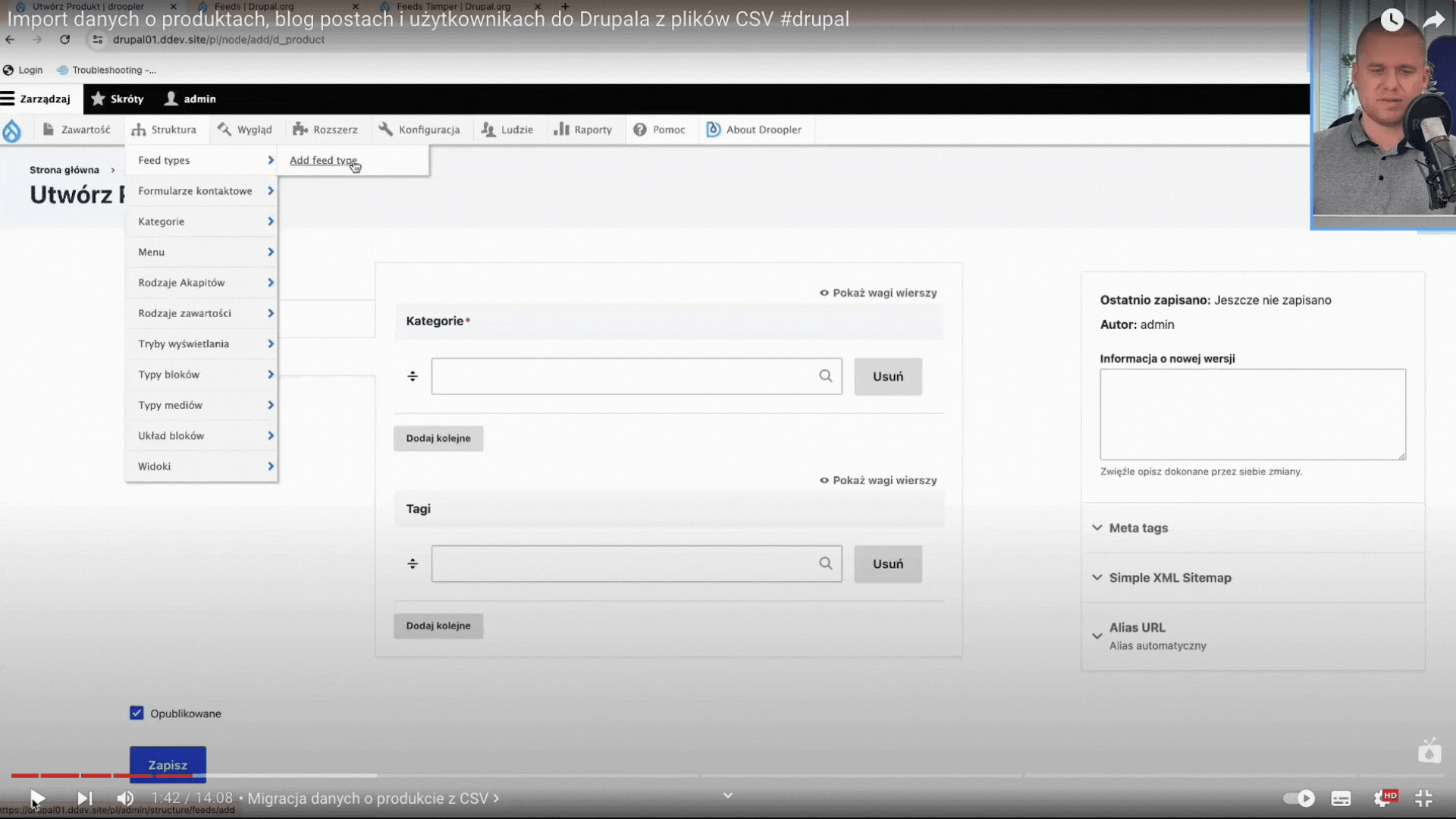 Adding a feed type when configuring the Feeds module in Drupal.