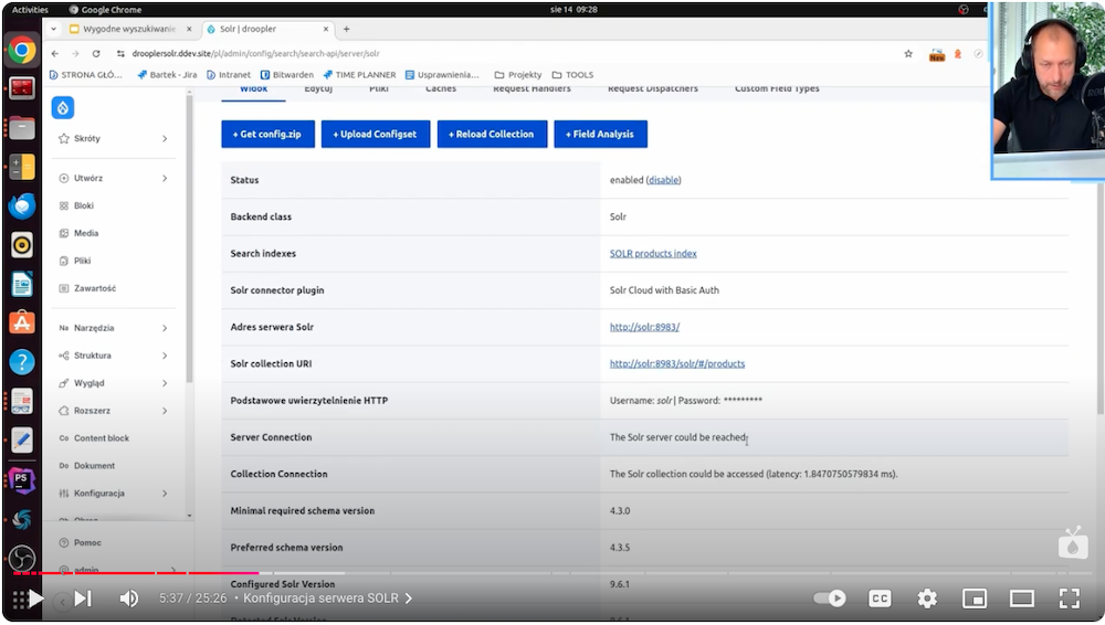 Configuring the Solr server in Drupal by filling in the relevant data, such as the server URL.