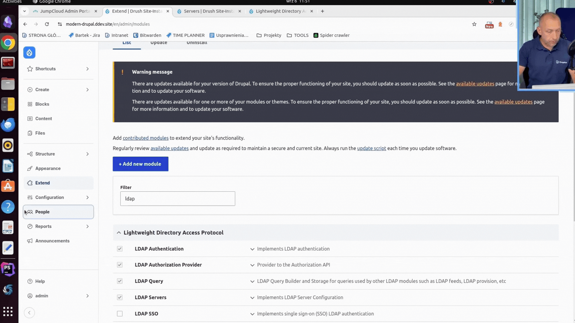 Configuring the LDAP server in Drupal by filling in the port and encryption details from JumpCloud.