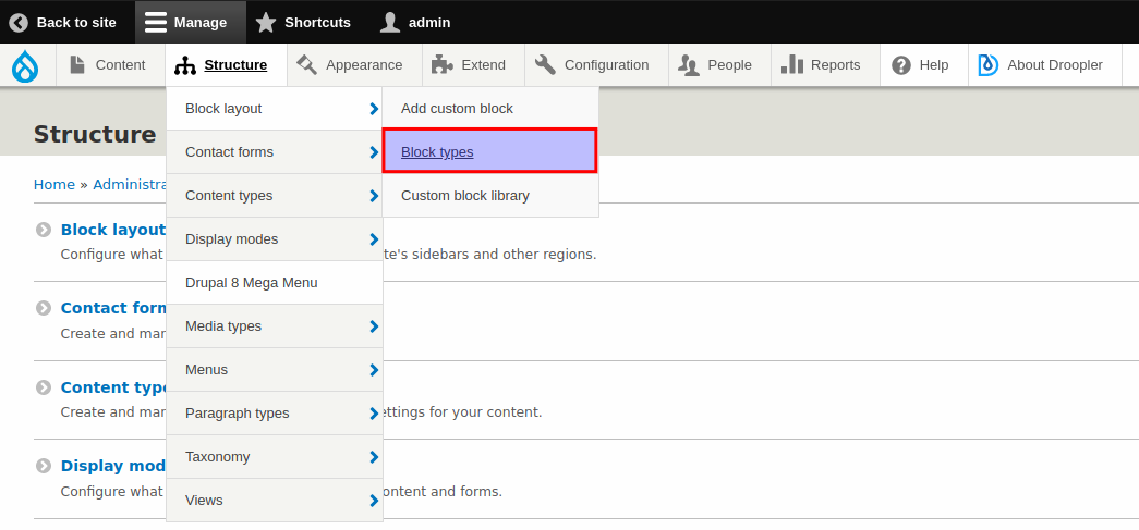 Block types tab in the administration bar menu in Droopler