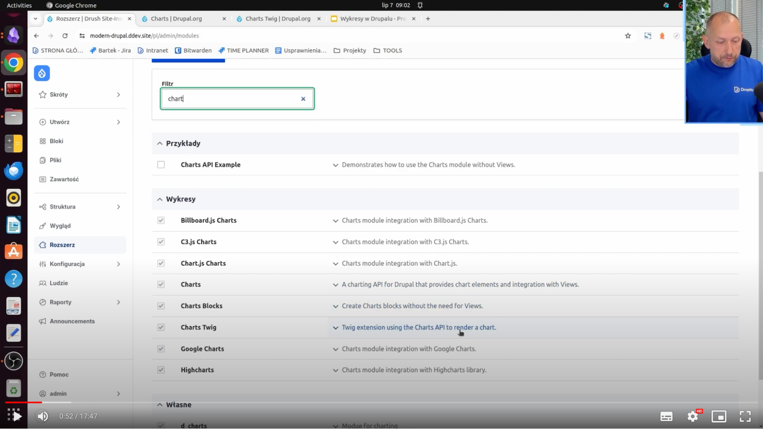 Installation of Charts and Charts Twig modules in Drupal.