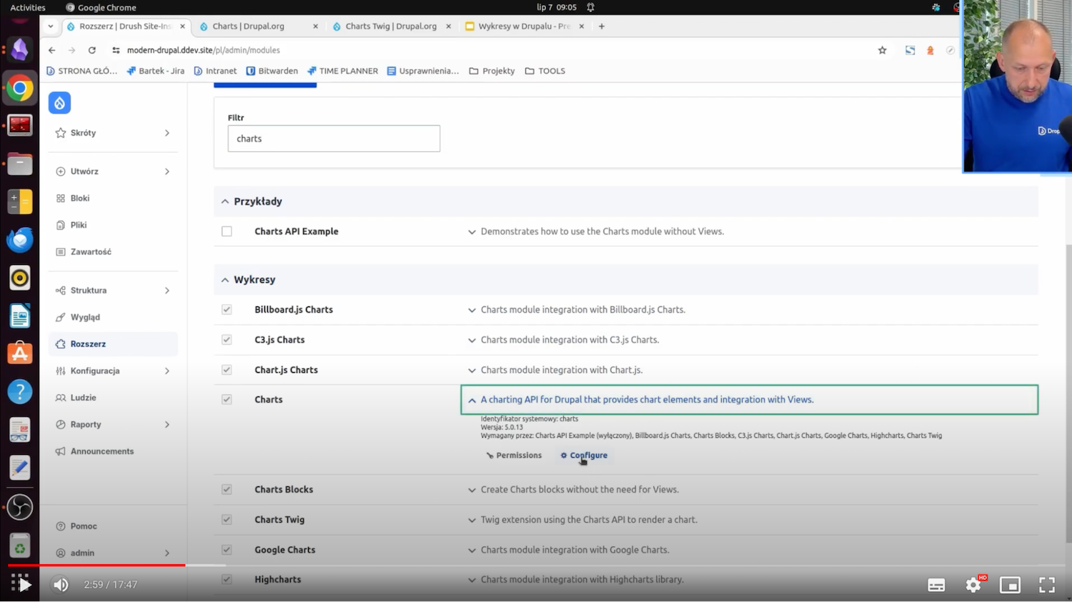 Configuring the Charts module in Drupal to work on charts in the CMS.