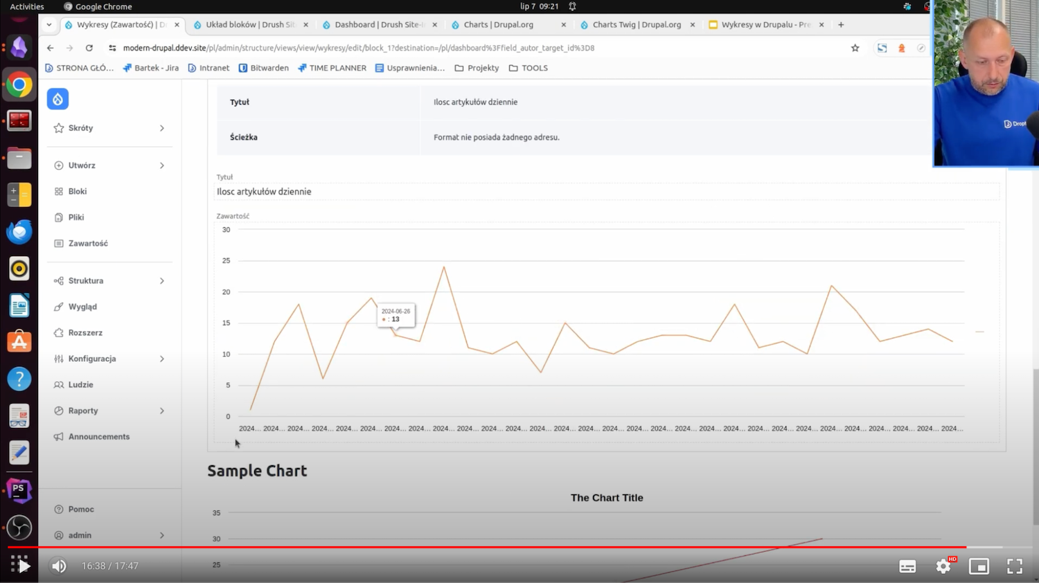 An example of a chart with the number of articles per day that can be displayed in Drupal.