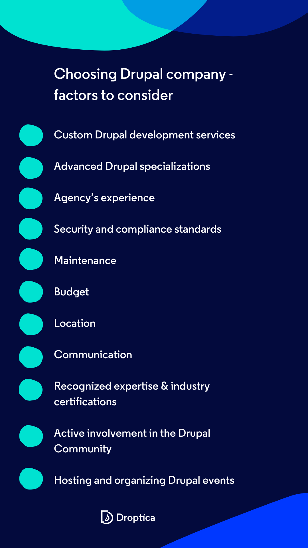 Infographic listing factors to consider while choosing Drupal development company