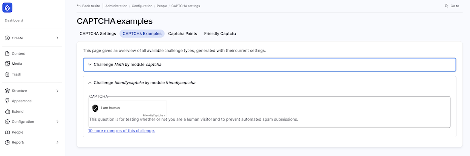 Screenshot of Drupal's admin panel, where you can set Captcha to enhance site security.