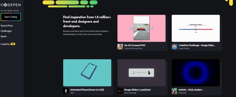 CodePen frontend development tool showcases HTML and CSS code examples added by various developers