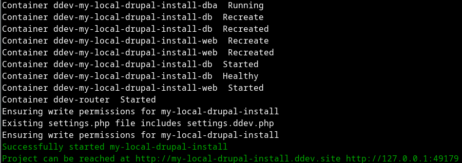 The result of the ddev start command that downloads needed images and creates necessary containers
